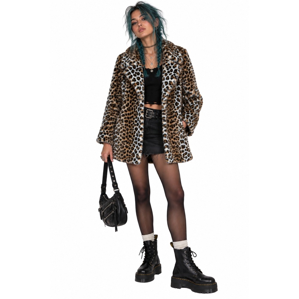 Hot Topic Leopard Print Faux Fur Coat Jacket Grunge 90s Size Small